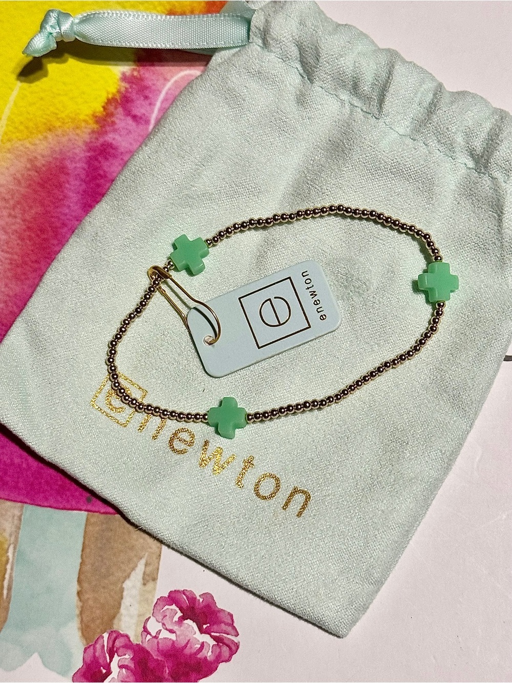 Enewton Mint Green Gold Beaded Signature Cross Bracelet New